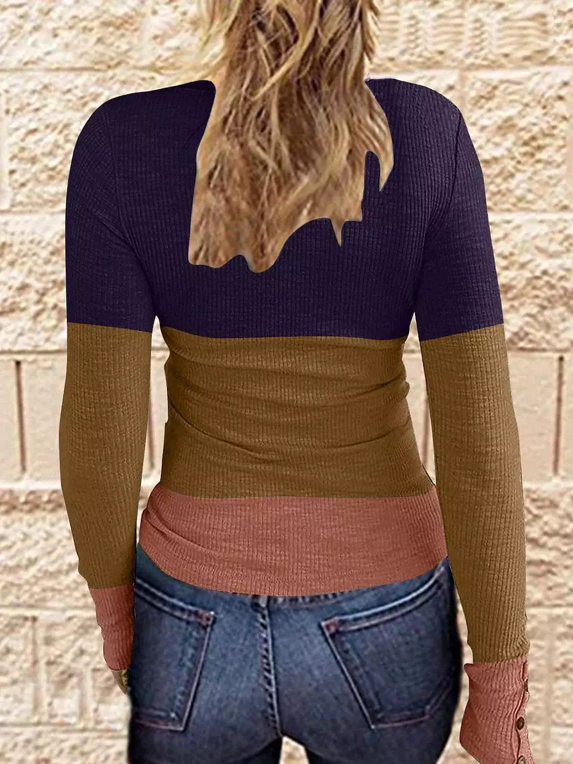 Henley Style Color Block Long Sleeve T-shirt for Women