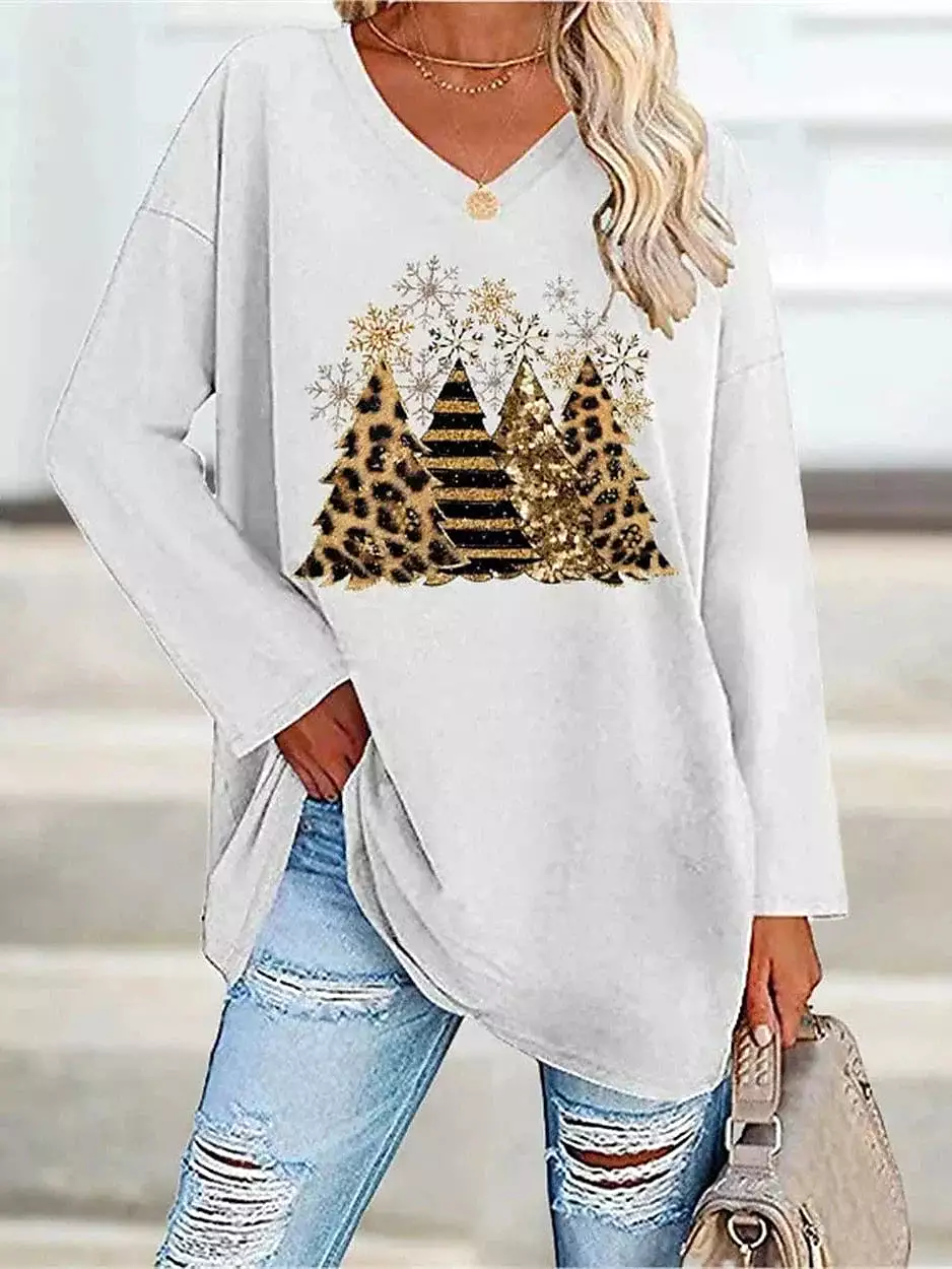 Leopard Snowman Print Women's Christmas T-shirt with Long Sleeves