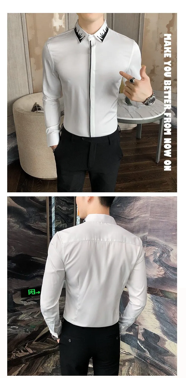 Men's Embroidery Collar Simple Long Sleeve Men's Casual and Formal Wear Shirts