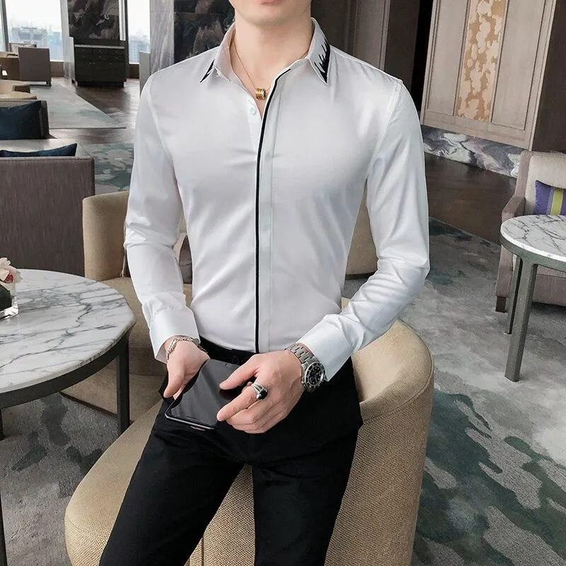 Men's Embroidery Collar Simple Long Sleeve Men's Casual and Formal Wear Shirts