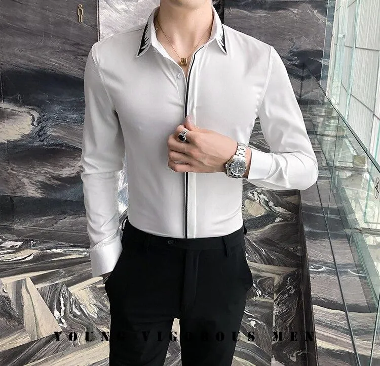 Men's Embroidery Collar Simple Long Sleeve Men's Casual and Formal Wear Shirts