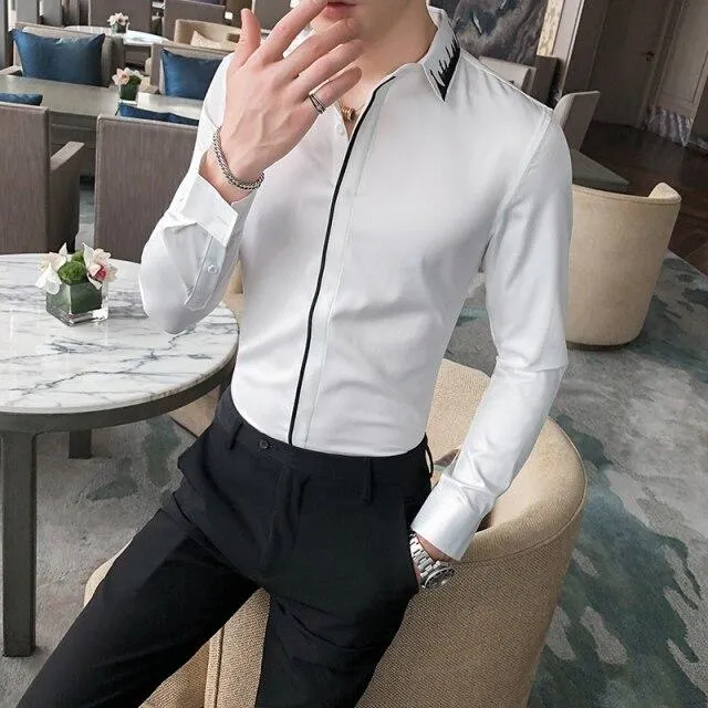 Men's Embroidery Collar Simple Long Sleeve Men's Casual and Formal Wear Shirts