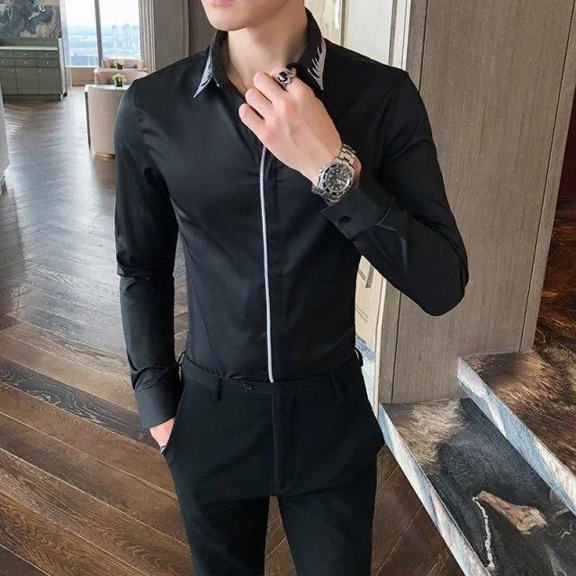 Men's Embroidery Collar Simple Long Sleeve Men's Casual and Formal Wear Shirts