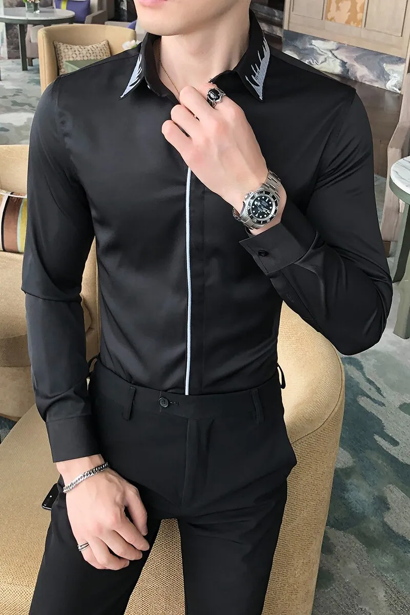 Men's Embroidery Collar Simple Long Sleeve Men's Casual and Formal Wear Shirts