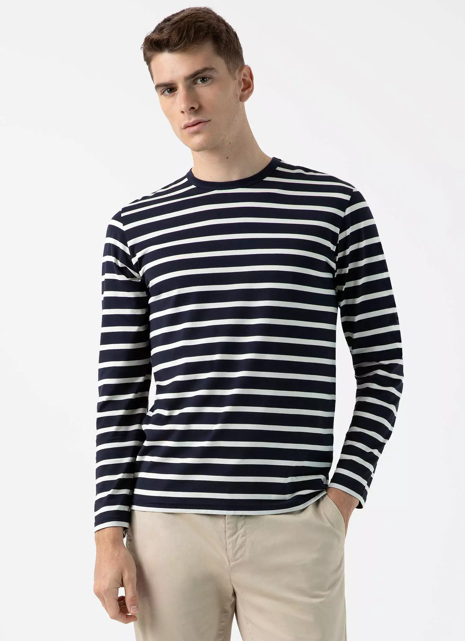 Men's Long Sleeve Classic T-shirt in Navy/Ecru Breton Stripe