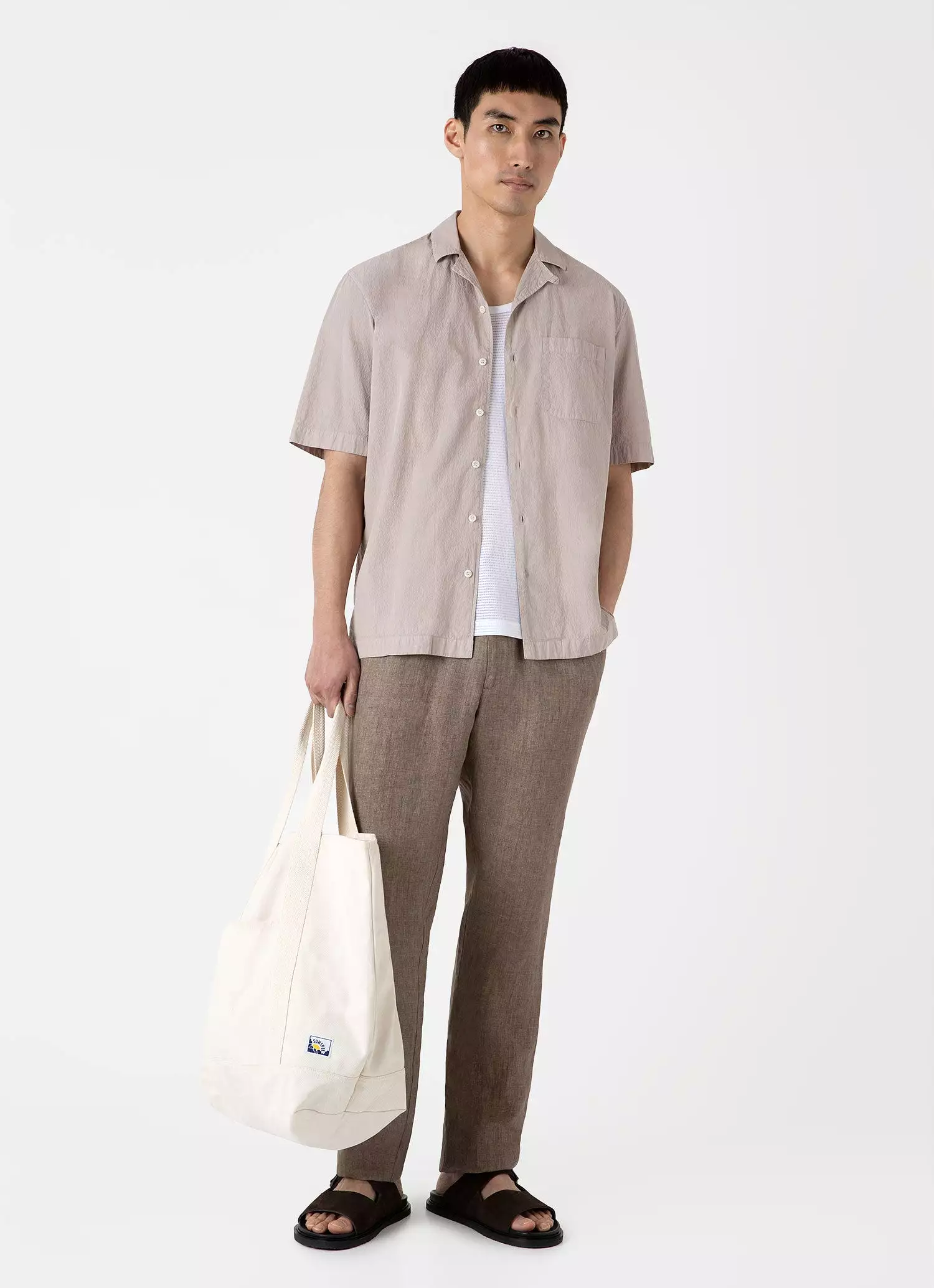 Men's Seersucker Camp Collar Shirt in Light Sand