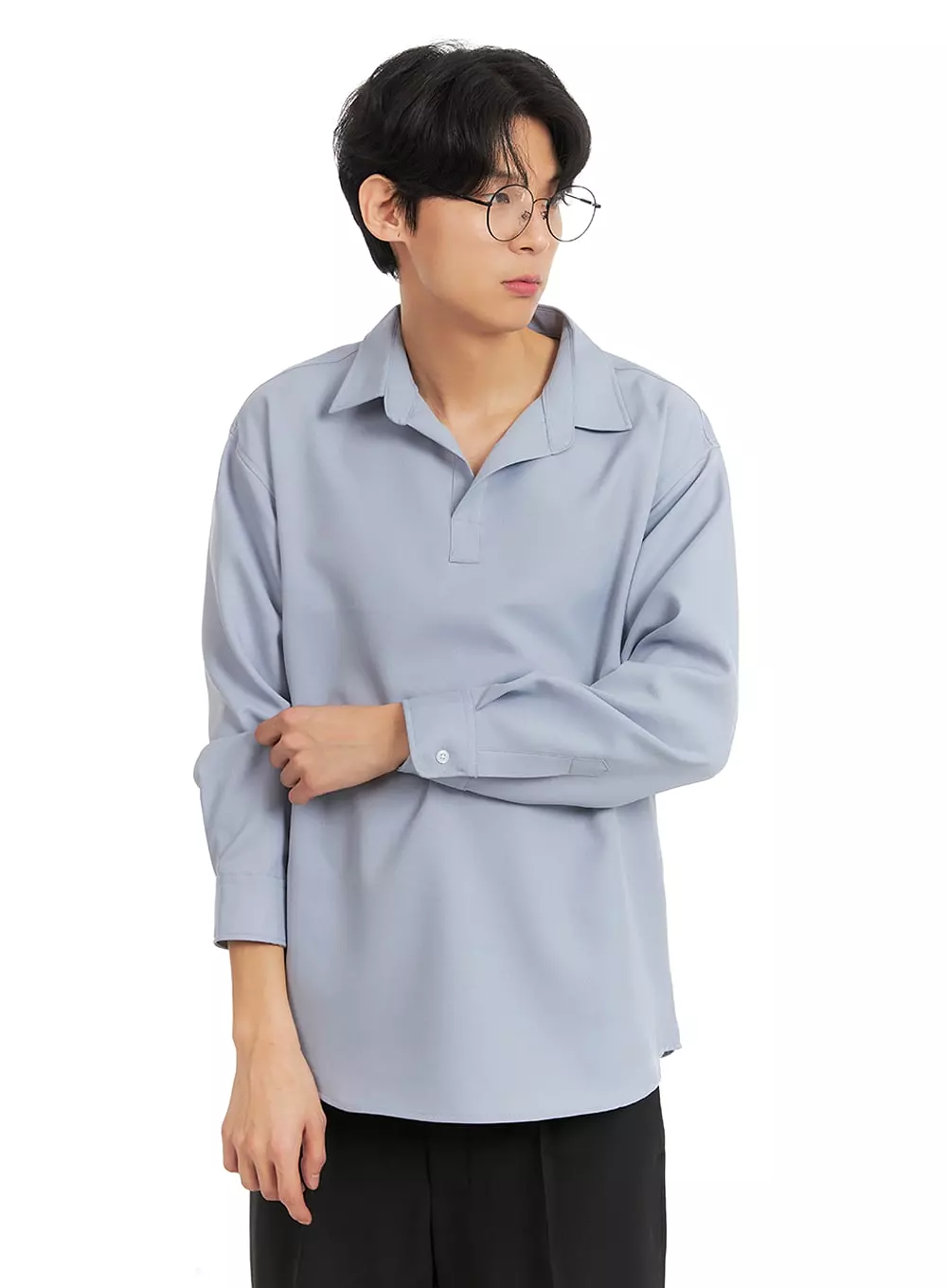 Men's Solid V-Neck Long Sleeve Shirt IA401