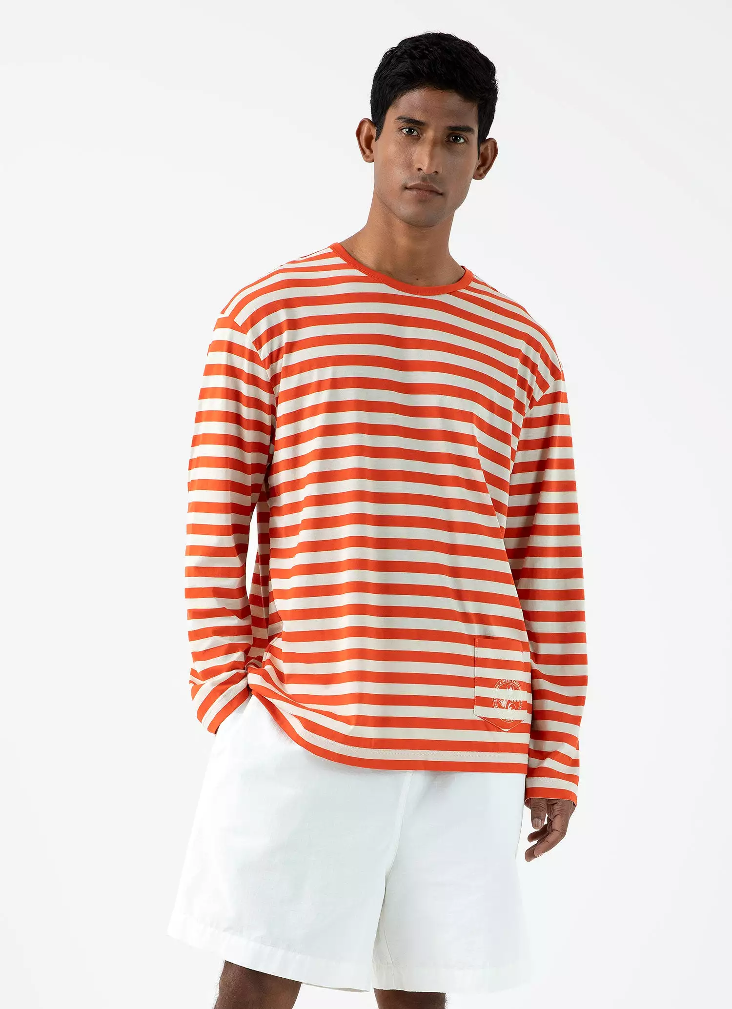 Men's Sunspel x Nigel Cabourn Long Sleeve T-shirt in Orange/Stone White