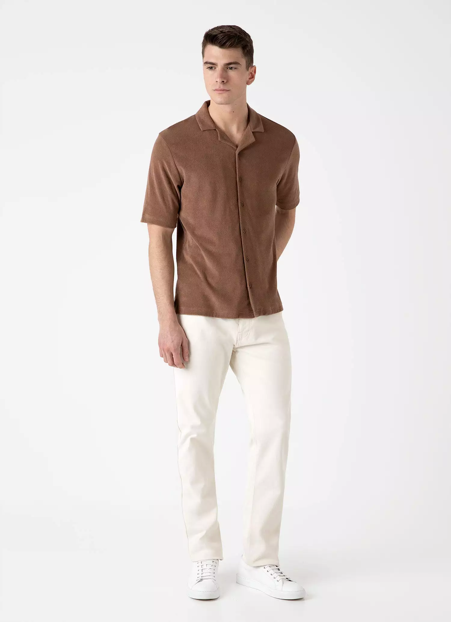 Men's Towelling Camp Collar Shirt in Dark Sand