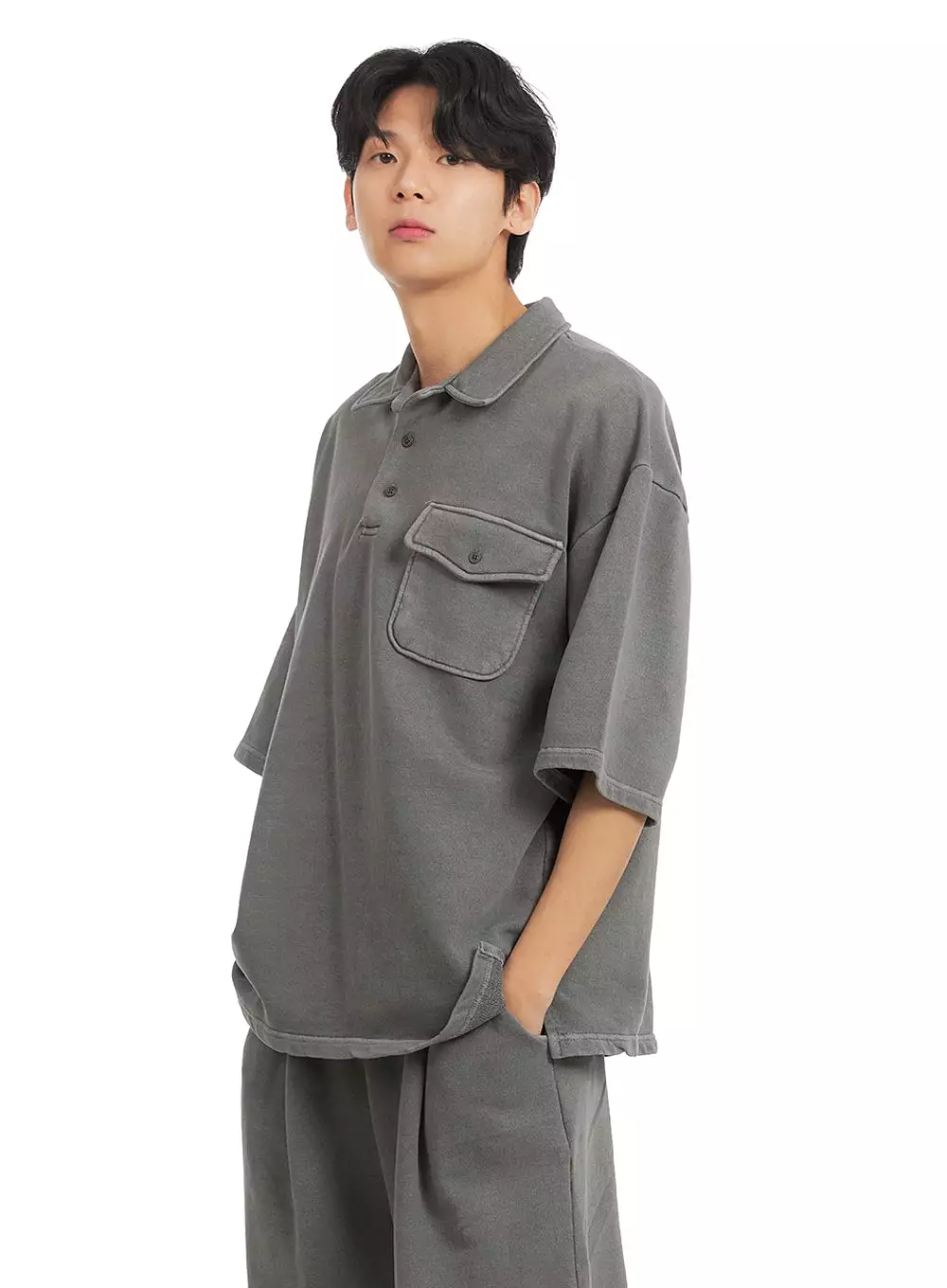 Men's Washed Oversized Cotton Collar T-Shirt IA401