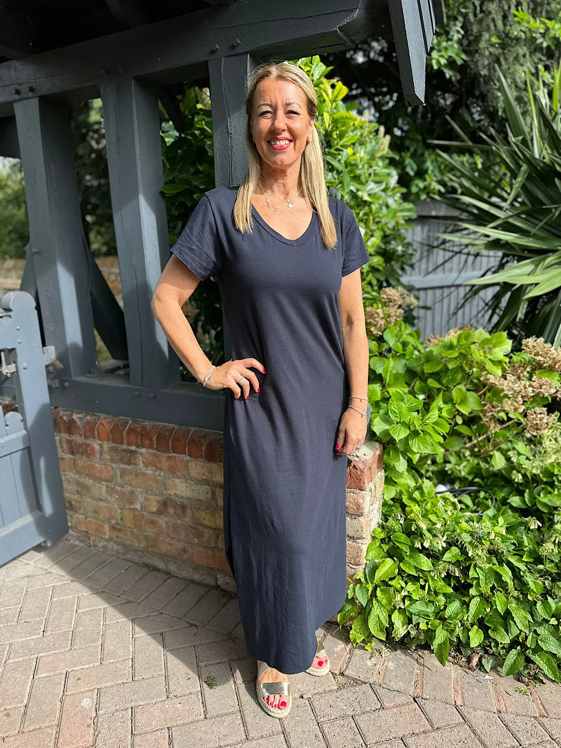 Navy V Neck Longline T-Shirt Dress Jess