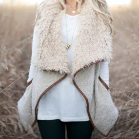 Open Front Sherpa Vest with Pockets in Natural