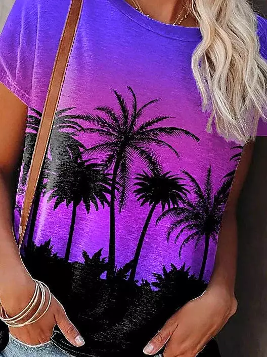 Purple Plants Print Women's Casual Holiday T-Shirt