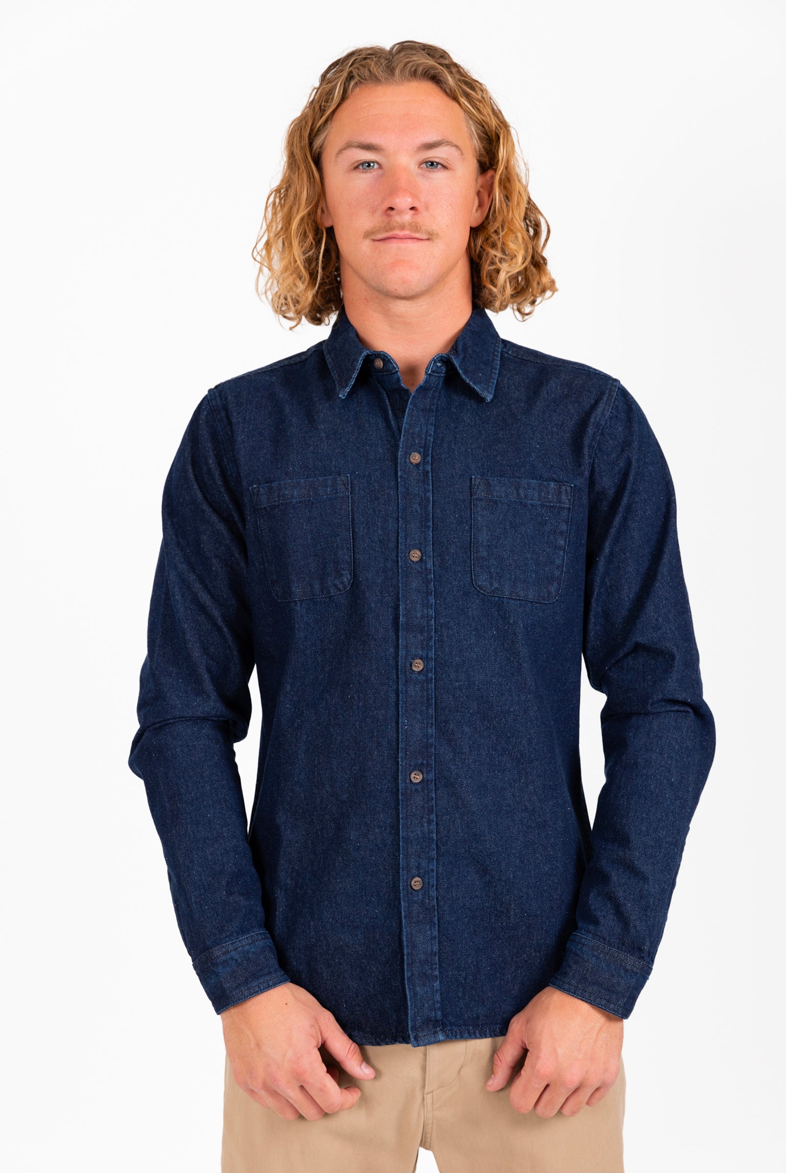 Rusty USA Duro Long Sleeve Denim Shirt Navy Blue