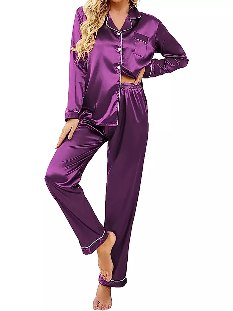 Satin Silk Lounge Sets for Women with Long Sleeve Shirt and Pants