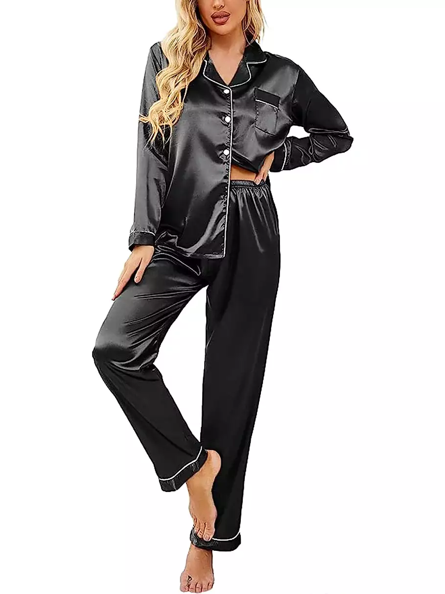 Satin Silk Lounge Sets for Women with Long Sleeve Shirt and Pants