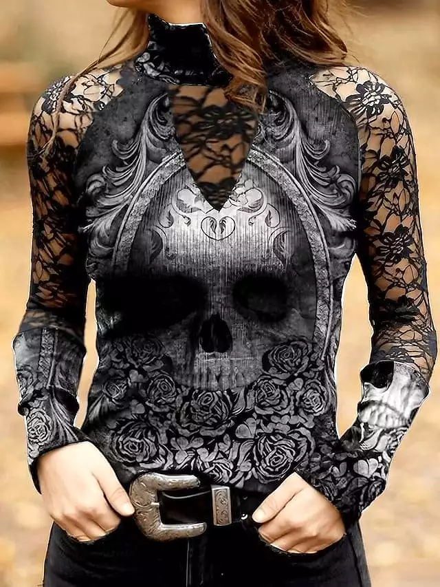 Skull Lace Print Long Sleeve Women's T-shirt