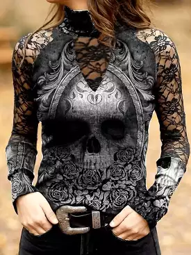 Skull Lace Print Long Sleeve Women's T-shirt