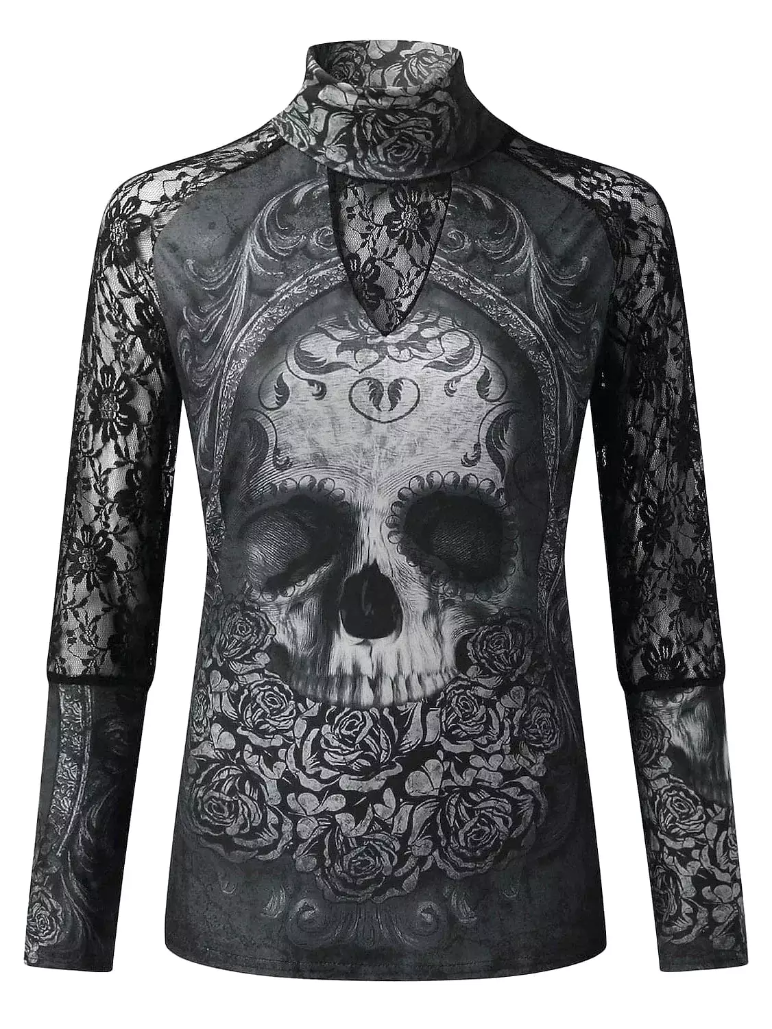 Skull Lace Print Long Sleeve Women's T-shirt