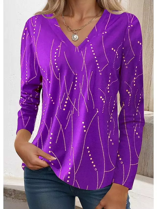 Striped Print Long Sleeve V-Neck T-Shirt for Women