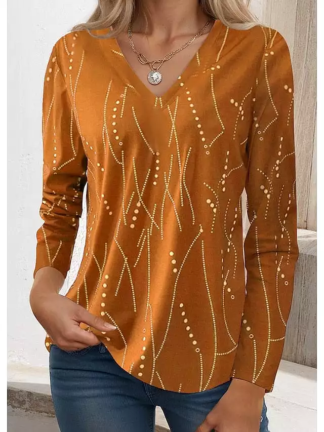 Striped Print Long Sleeve V-Neck T-Shirt for Women