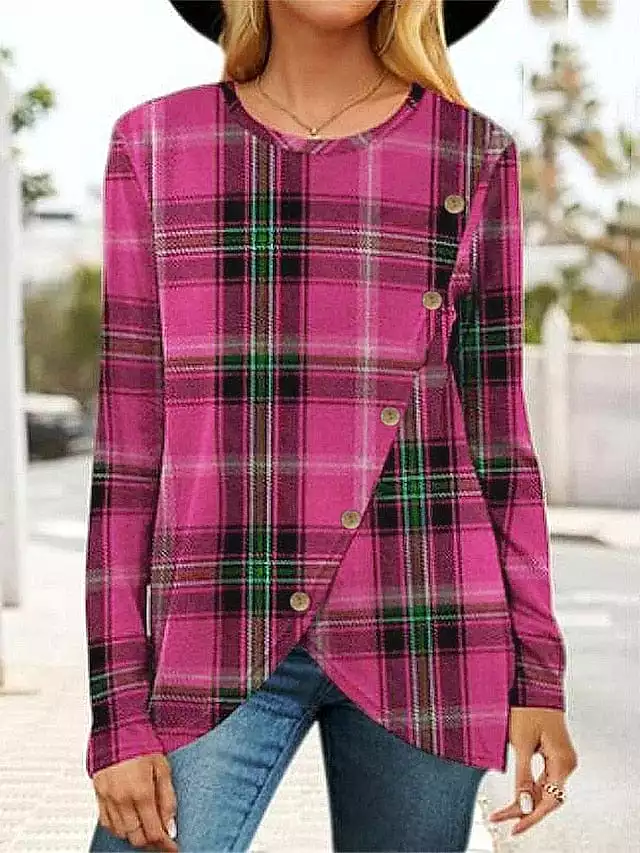 Stylish Plaid Print Women's Button-Up Shirt with Long Sleeve and Round Neck