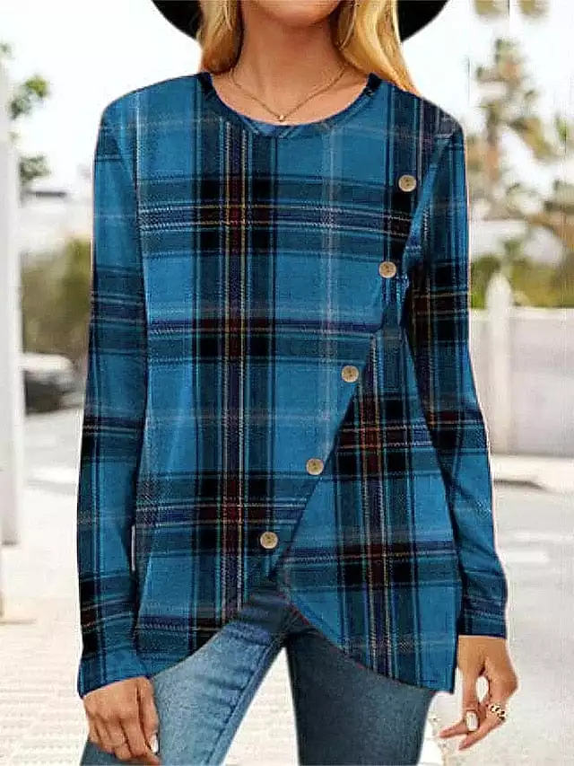 Stylish Plaid Print Women's Button-Up Shirt with Long Sleeve and Round Neck