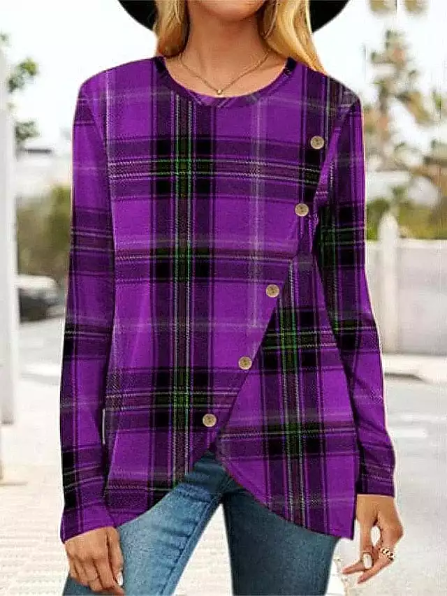 Stylish Plaid Print Women's Button-Up Shirt with Long Sleeve and Round Neck