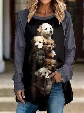 Stylish Women's Dog Print Long Sleeve T-shirt with Round Neck