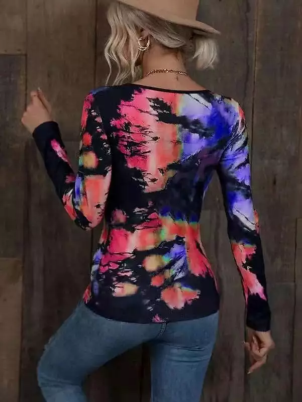 Stylish Women's Tie Dye Henley Shirt with Long Sleeves