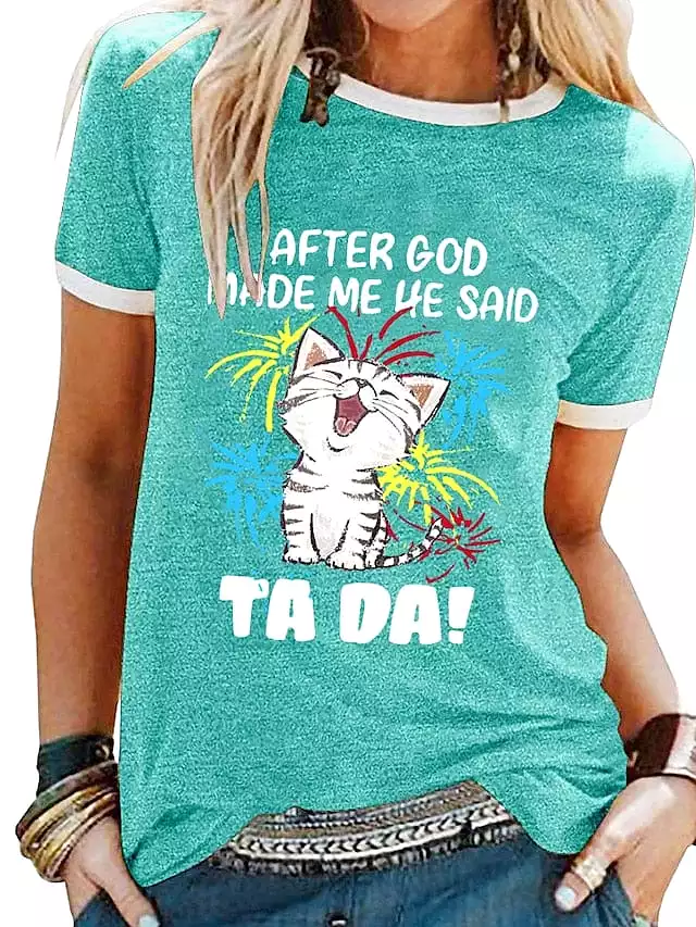 Trendy Cat Print Women's T-shirt with Short Sleeves