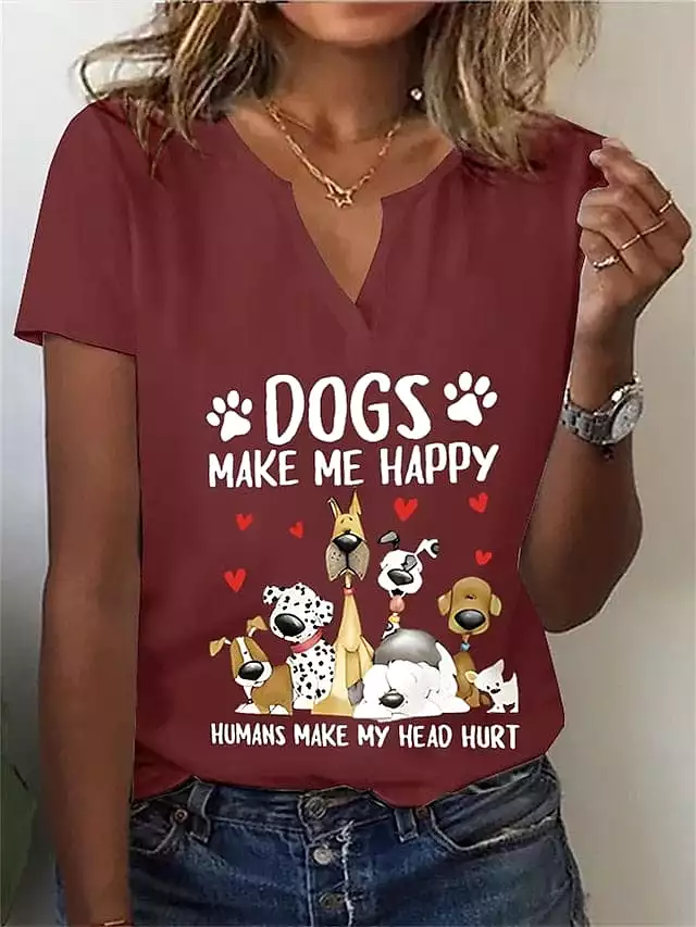 Trendy Women's Dog Print V-Neck T-Shirt with Short Sleeves