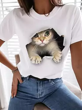 Upgrade Your Casual Wardrobe with Women's 100% Cotton Funny Cat Print Tee Shirt