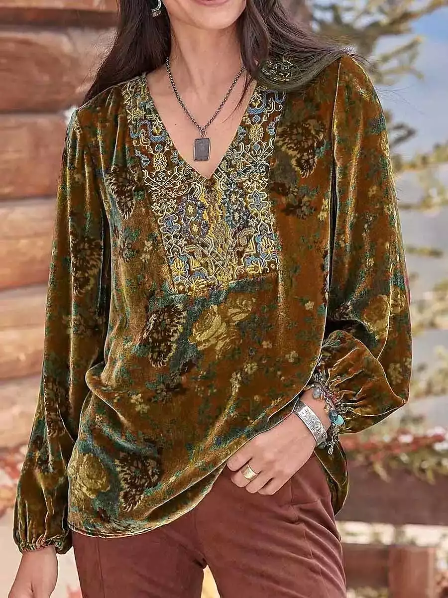 Velvet Floral Print Women's Long Sleeve V-Neck Shirt Blouse