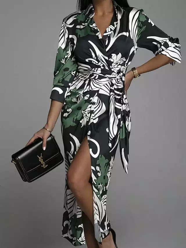 Versatile Women's Blue and Green Floral Print Shirt Dress