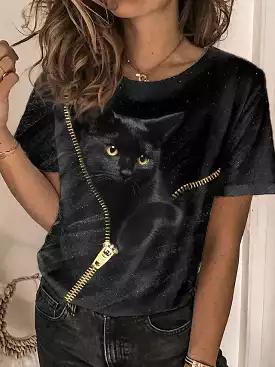 Women's 3D Cat Print Short Sleeve T-Shirt with Gold Print