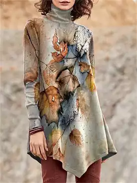 Women's Asymmetrical Leaf Print Turtleneck Long Sleeve T-Shirt for Fall & Winter