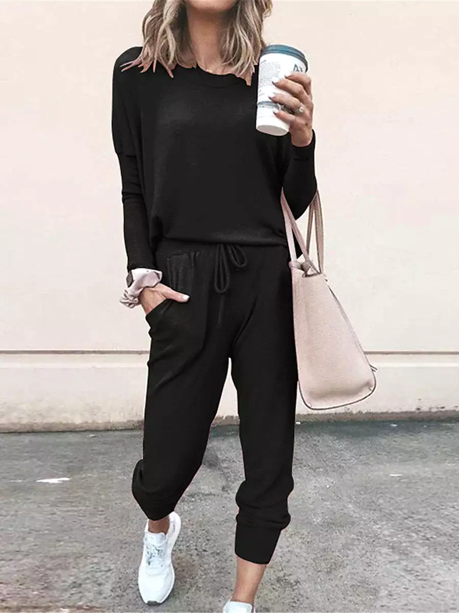 Women's Black and Pink Lounge Set with Long Sleeve Crew Neck Shirt and Elastic Waist Pants