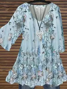 Women's Champagne Pink Green Floral Print Tunic Shirt with 3/4 Length Sleeves