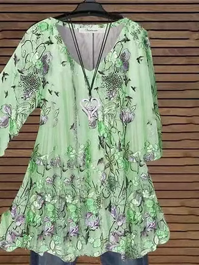 Women's Champagne Pink Green Floral Print Tunic Shirt with 3/4 Length Sleeves