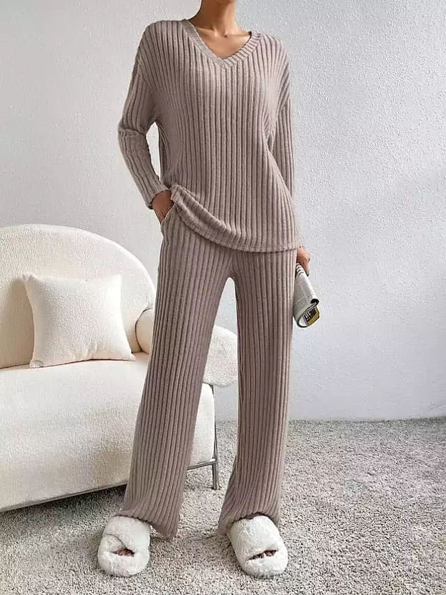 Women's Cozy Fleece Long Sleeve T-shirt and Pants Set in Black, Khaki, and Beige