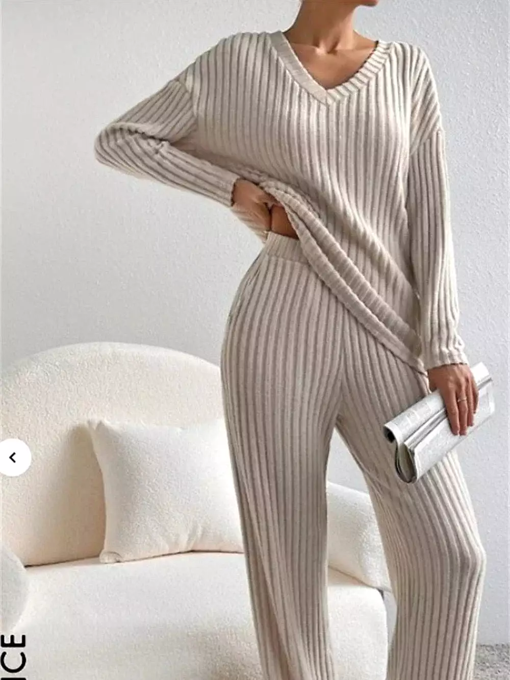 Women's Cozy Fleece Long Sleeve T-shirt and Pants Set in Black, Khaki, and Beige