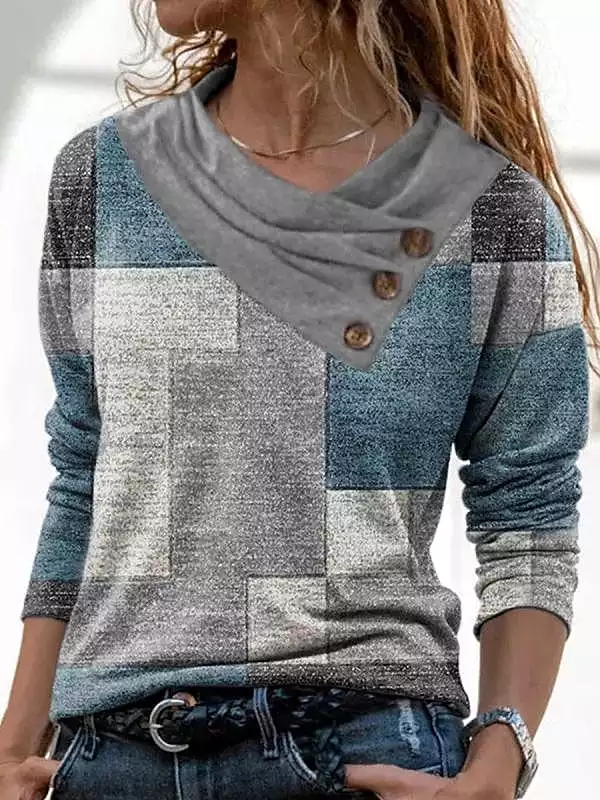 Women's Geometric Abstract Print Long Sleeve T-Shirt with Button Pile Neck