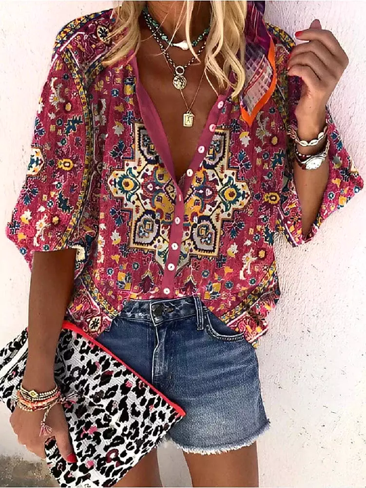 Women's Graphic Print Button Shirt Blouse