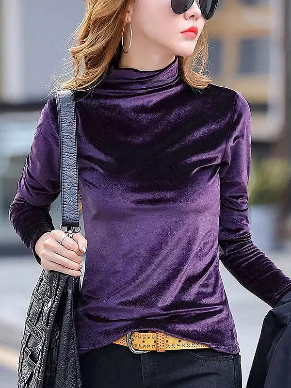 Women's High Neck Velvet Shirt Blouse with Long Sleeves