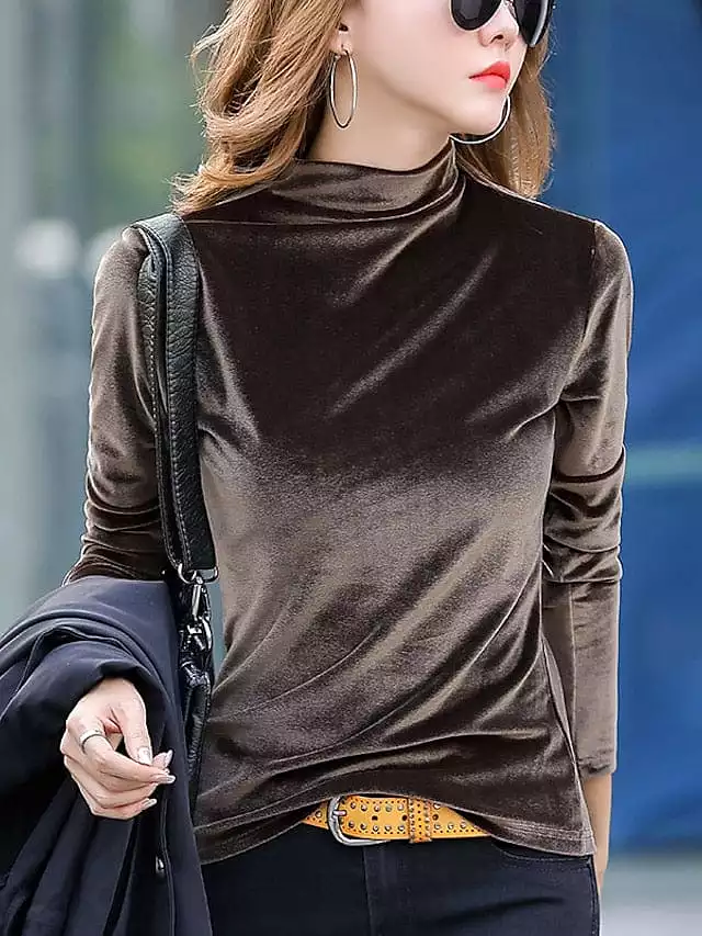 Women's High Neck Velvet Shirt Blouse with Long Sleeves