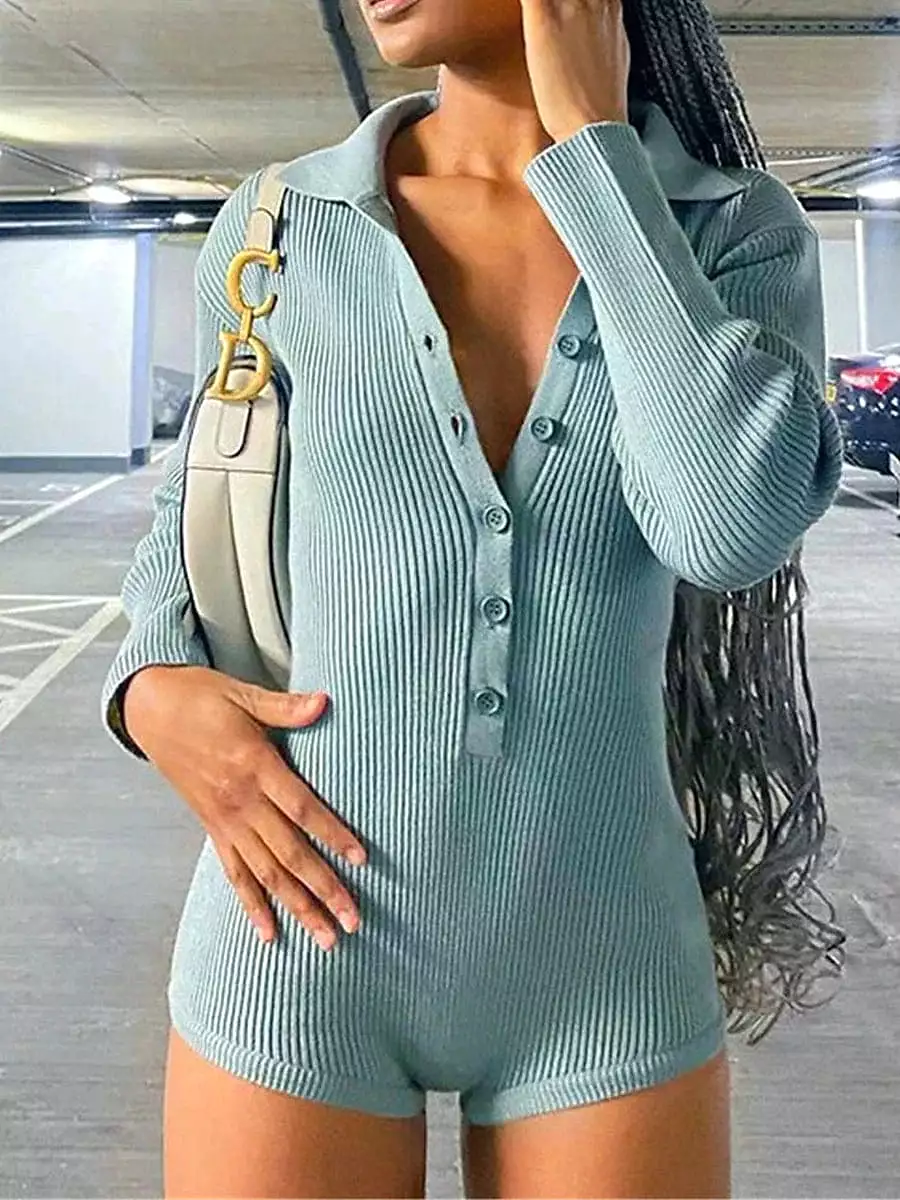 Women's High Waist Blue Romper with Button-Up Closure and Shirt Collar