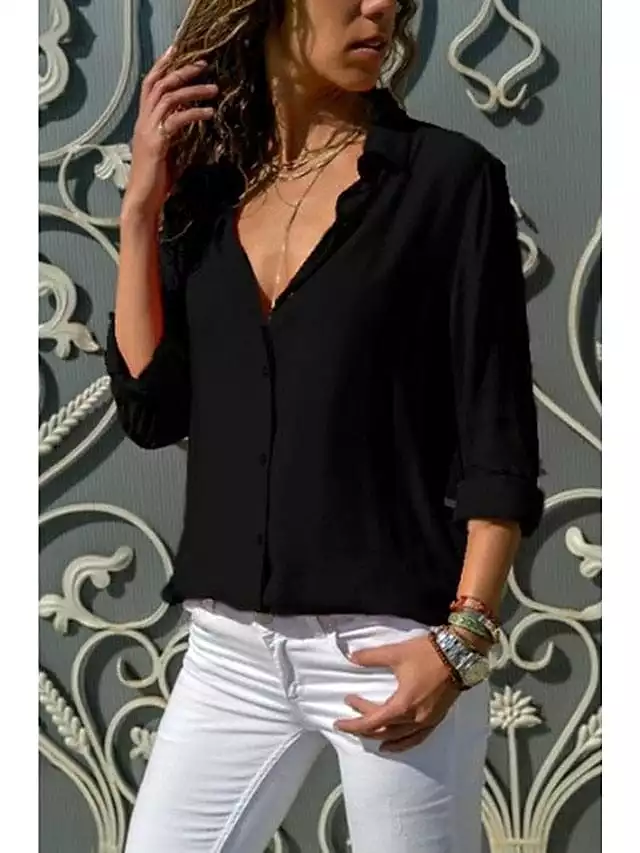 Women's Long Sleeve Black, White, and Yellow Shirt Blouse