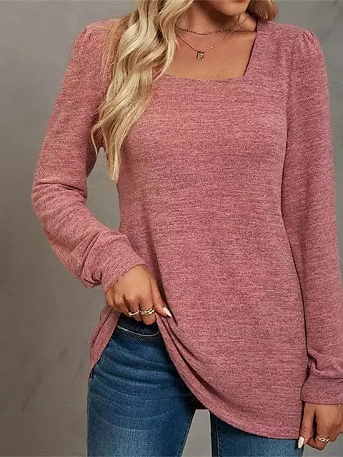 Women's U Neck Long Sleeve Cotton T-shirt in Regular Fit