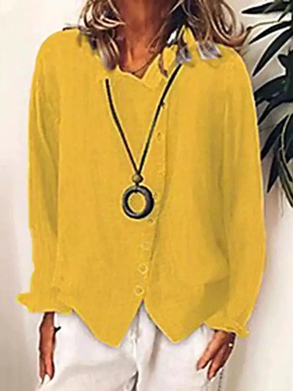 Women's White, Yellow, and Blue Button-Up Shirt Blouse